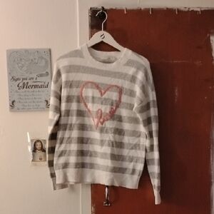 LOFT Gray and White Striped Sweater with Pink Heart